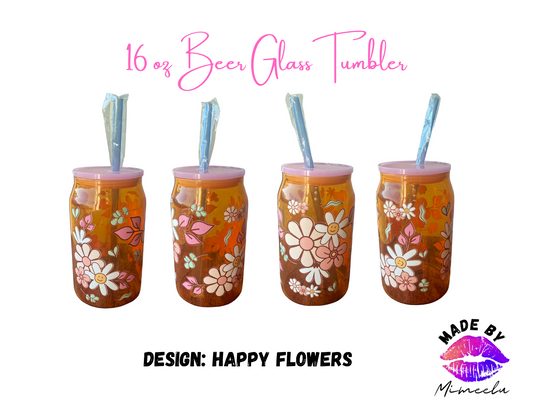 Happy Flowers- 16 oz Beer Glass Tumblers